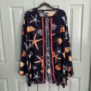 Sandra Ow-Wing NR1 Single Button Sheer Fish Starfish Long‎ Sleeve Blouse READ**